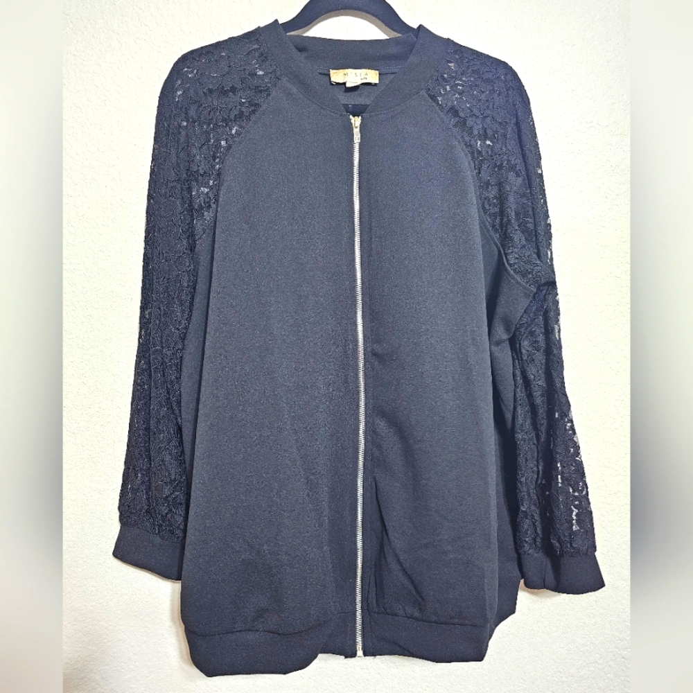 Womens Misia Curvey Full Zip Lightweight Jacket Black Size 2X  Lace Sleeves